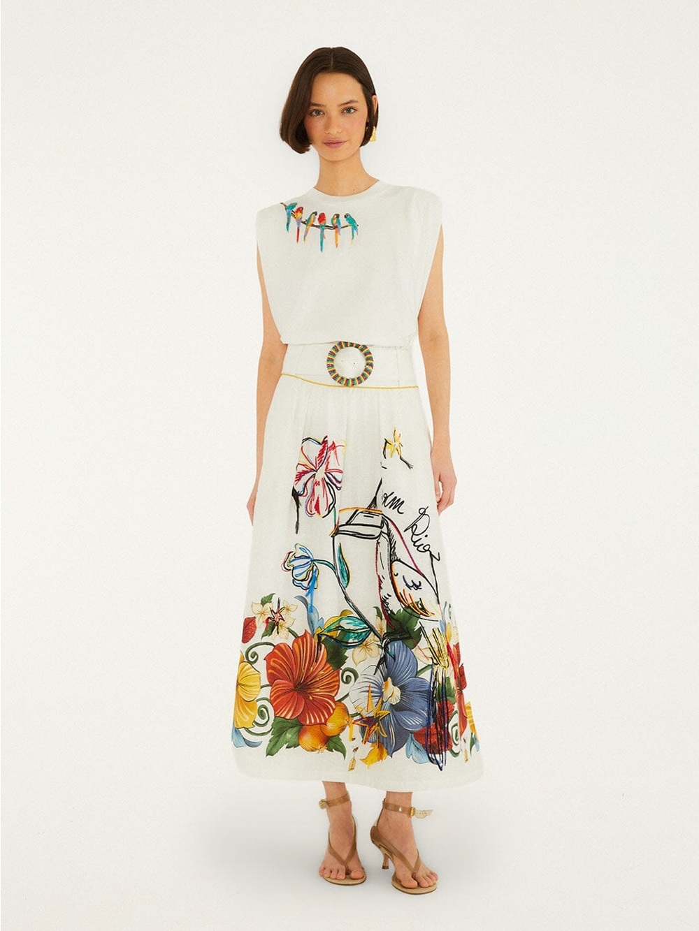 White Floral Print Maxi Skirt with Colorful Garden Motif